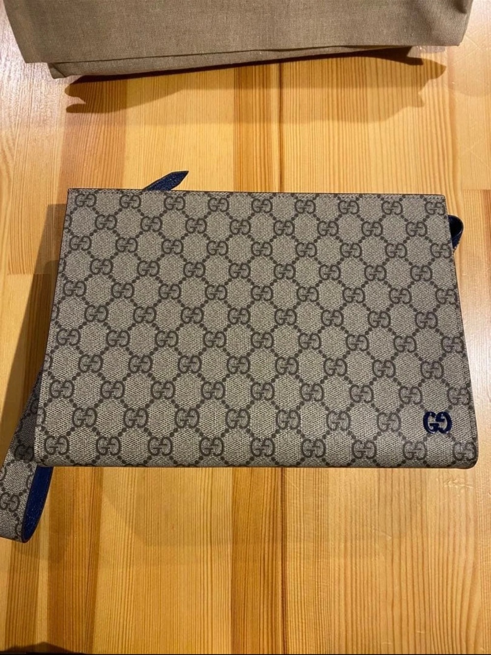 Gucci Beige Monogram Clutch with Navy Trim